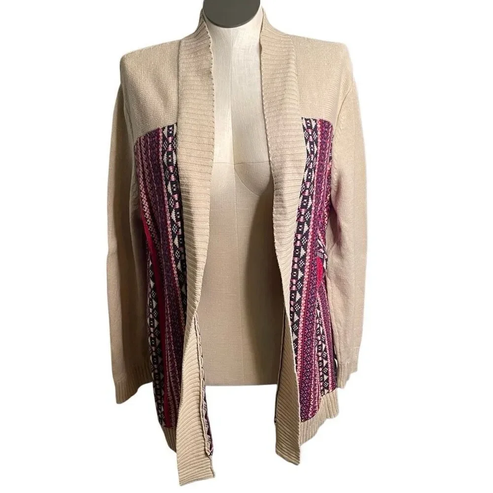 Vtg Liz Claiborne Womens Fair Isle Long Line Open Front Cardigan XL Intarsia
